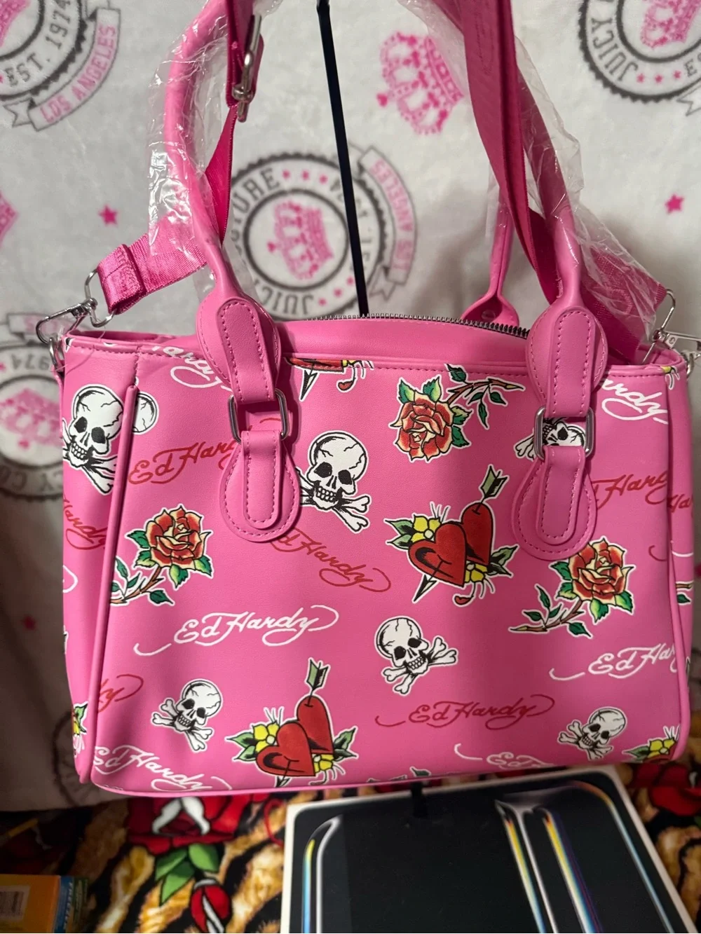 Ed Hardy Hot Pink Tattoo-Print Satchel
